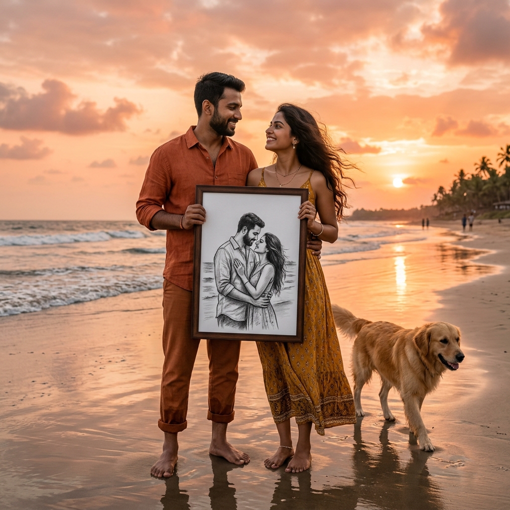 Seekers discovering their destined soulmate portrait sketch on beach